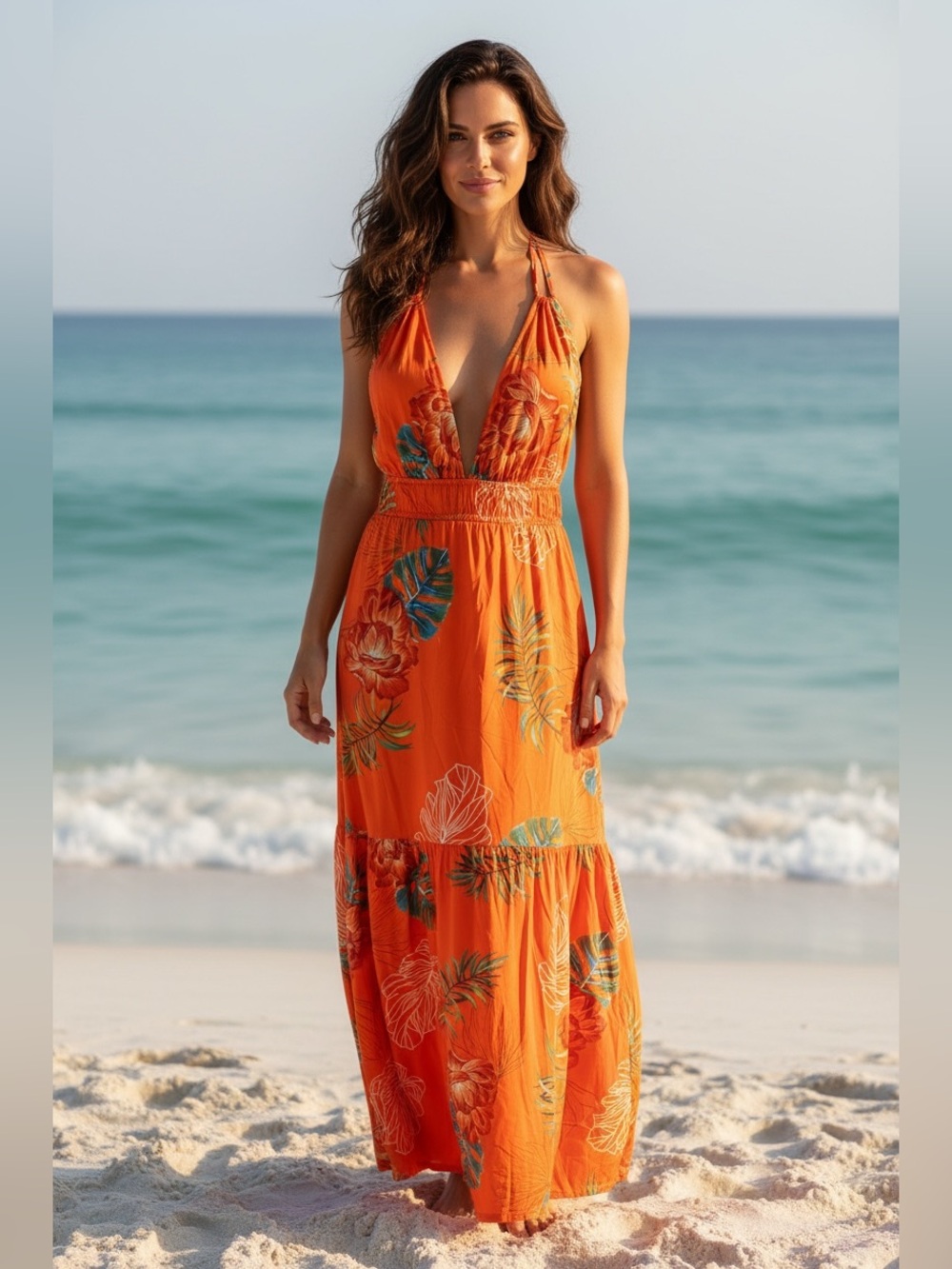 Tropical Orange Floral Maxi Dress Small
